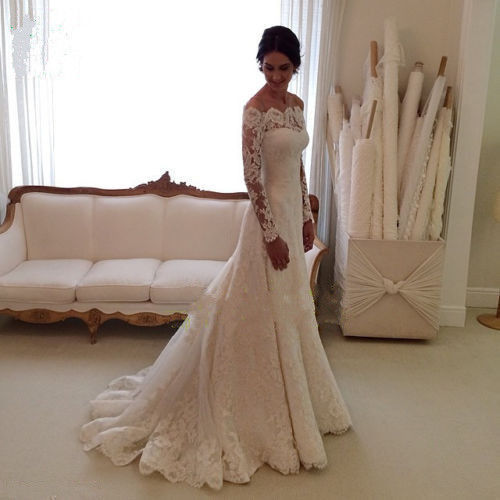 Modest Vintage Mermaid Boho Lace Sleeved Wedding Dress