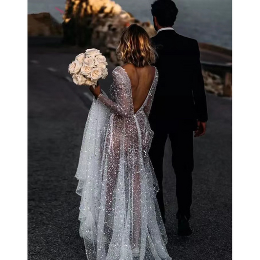 A-Line Boho Long Sleeve Sequin Pearl Sheer Wedding Dress