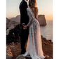 A-Line Boho Long Sleeve Sequin Pearl Sheer Wedding Dress
