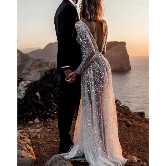 A-Line Boho Long Sleeve Sequin Pearl Sheer Wedding Dress