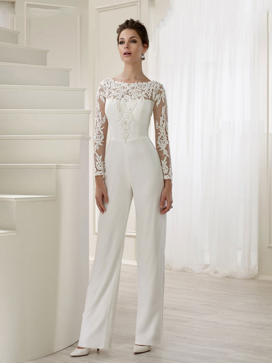 Long Sleeve Two Piece Jumpsuit Pants Lace Wedding Dress