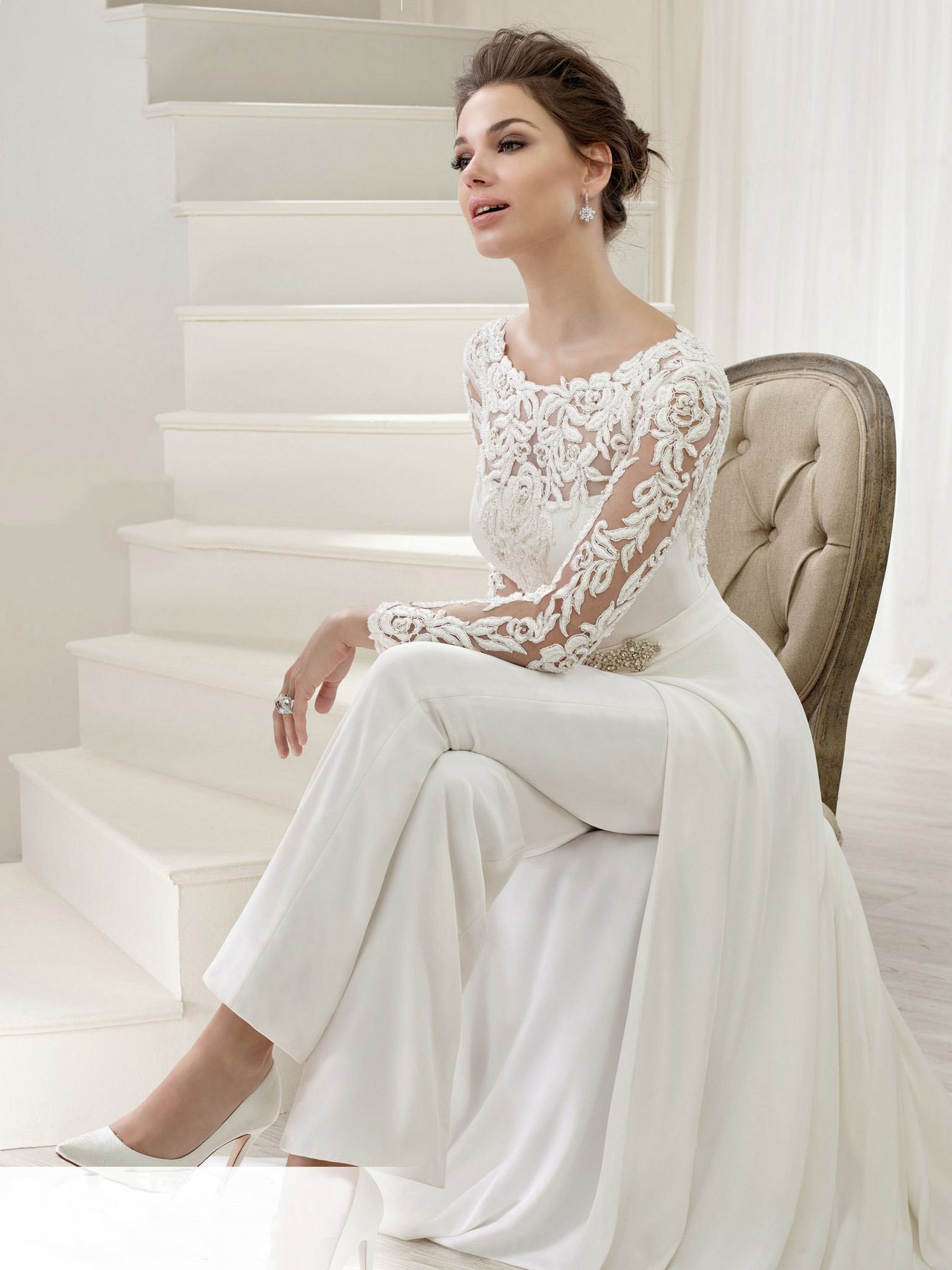 Long Sleeve Two Piece Jumpsuit Pants Lace Wedding Dress