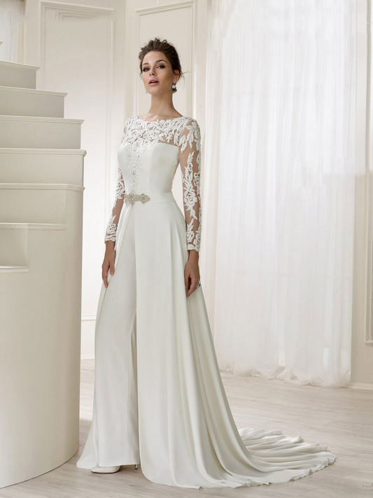 Long Sleeve Two Piece Jumpsuit Pants Lace Wedding Dress