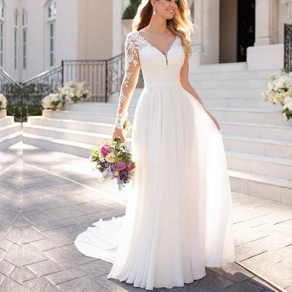 A Line Chiffon Long Sleeves Lace Wedding Dress