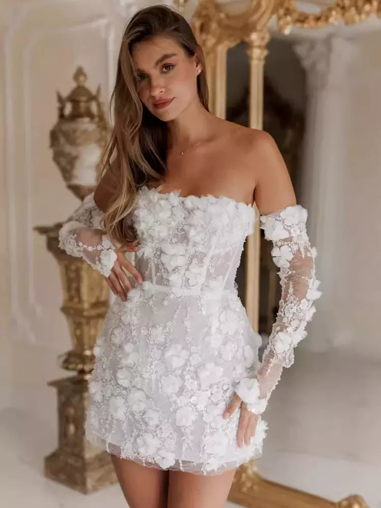 Strapless Long Sleeves Short Flower Lace Wedding Dress
