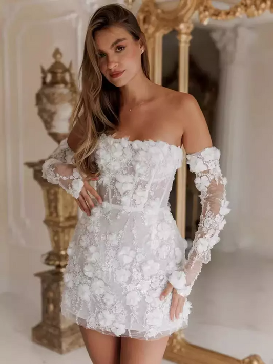 Strapless Long Sleeves Short Flower Lace Wedding Dress