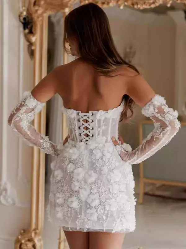 Strapless Long Sleeves Short Flower Lace Wedding Dress