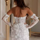 Strapless Long Sleeves Short Flower Lace Wedding Dress