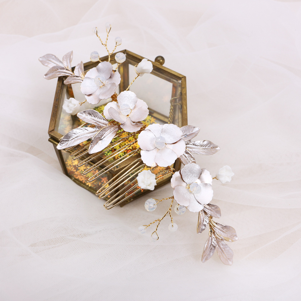 White Golden Leaves Forest Flowers Bridal Hair Comb