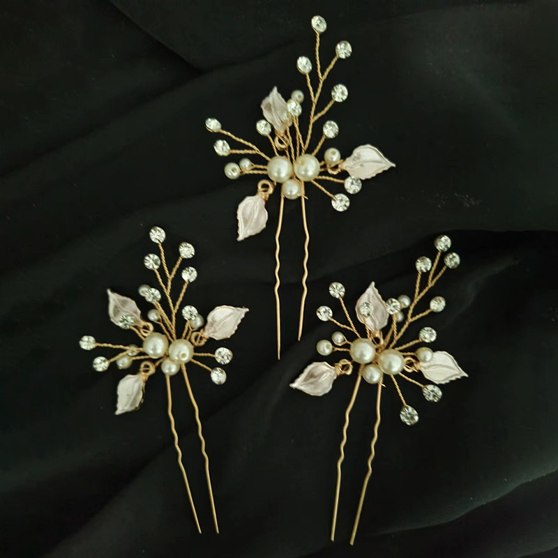 Gold Pearl Rhinestones and Leaves Hair Pin