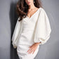 Satin V-Neck Pleated Long Sleeves Short Wedding Dress