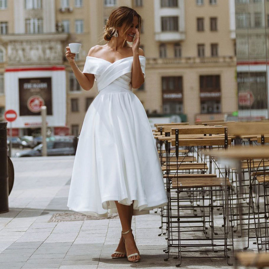 Off-The-Shoulder Sleeveless A-Line Tea-Length Wedding Dress
