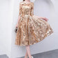 Gold Jewel Neck Half Sleeves Ball Gown Sequins Bridesmaid Dress