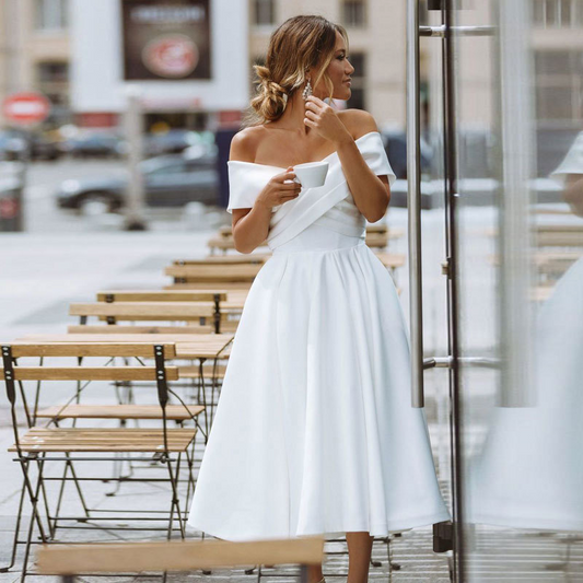 Off-The-Shoulder Sleeveless A-Line Tea-Length Wedding Dress