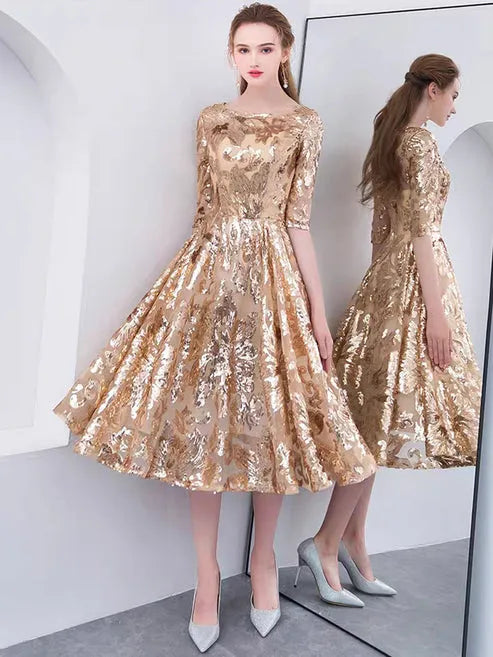 Gold Jewel Neck Half Sleeves Ball Gown Sequins Bridesmaid Dress