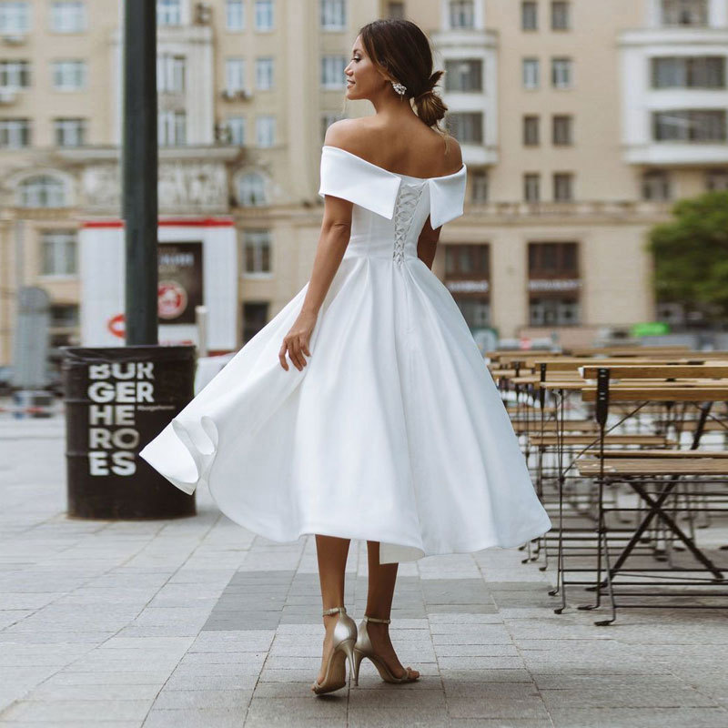 Off-The-Shoulder Sleeveless A-Line Tea-Length Wedding Dress