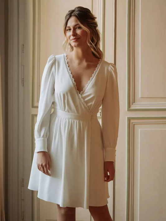 V-Neck Long Sleeves A-Line Wedding Dress