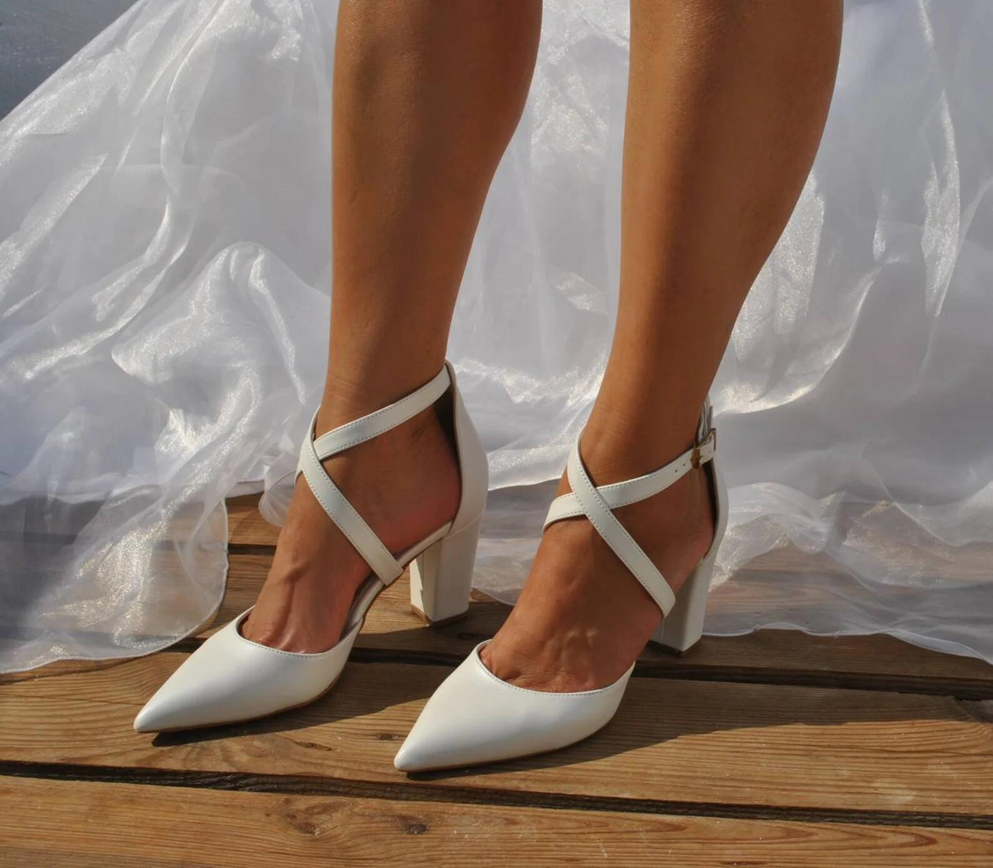 Perfect Bridal Pointed Toe Cross Strap Block Heel Courts