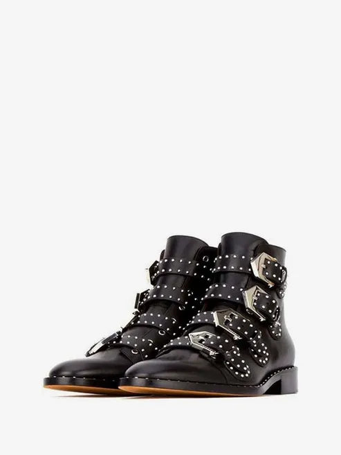 Black Cowhide Studded Buckles Round Toe Motorcycle Boots