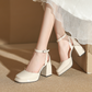 Pu Leather Square Toe Buckle Strap Platform Heels