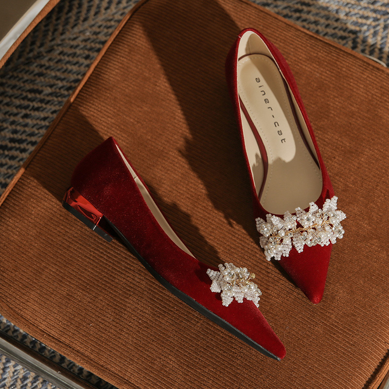 Satin Pointed Toe Pearl Embellished Bridal Flats