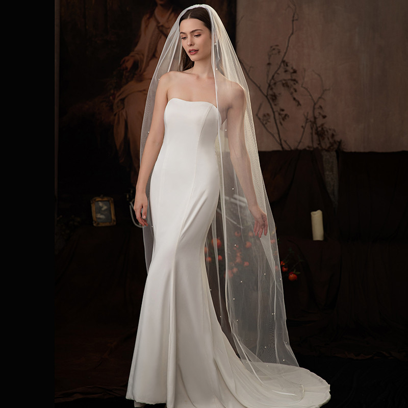 Ivory Single Tier Scattered Beads Satin Edge Bridal Veil