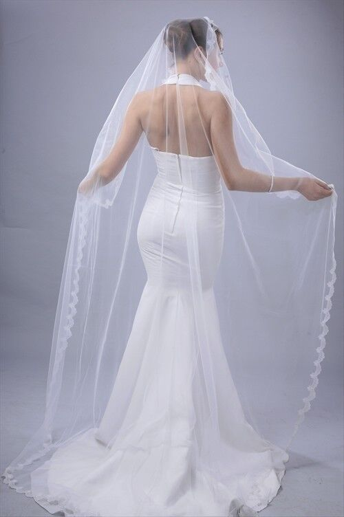 Chapel Style Single Tier Lace Embroidered Edge Bridal Veil