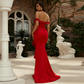 Red Off-Shoulder Sleeveless Evening Dress