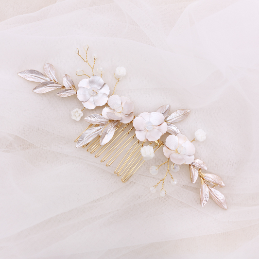 White Golden Leaves Forest Flowers Bridal Hair Comb