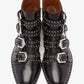 Black Cowhide Studded Buckles Round Toe Motorcycle Boots