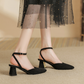 Retro Frosted Pointed Toe Adjustable Buckle Block Heel Court Shoes