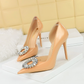 Perfect Bridal Pu Leather Pointed Toe Rhinestone Pleated High Heel