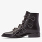 Black Cowhide Studded Buckles Round Toe Motorcycle Boots