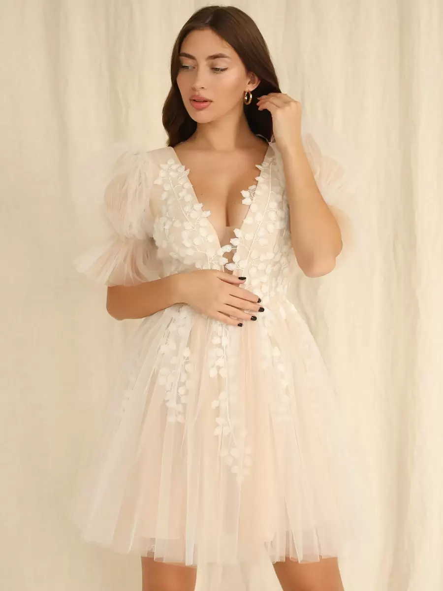Short V-Neck Short Sleeves A-Line Wedding Dress