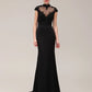 Black Lace Applique Short Sleeves Mermaid Evening Dress