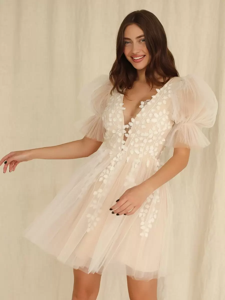 Short V-Neck Short Sleeves A-Line Wedding Dress
