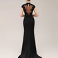 Black Lace Applique Short Sleeves Mermaid Evening Dress