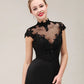 Black Lace Applique Short Sleeves Mermaid Evening Dress