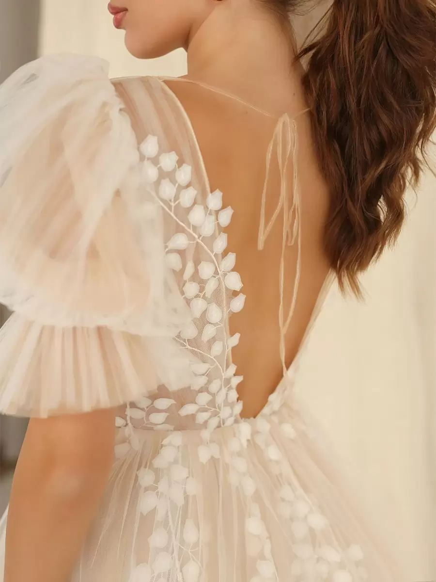 Short V-Neck Short Sleeves A-Line Wedding Dress