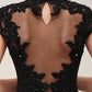 Black Lace Applique Short Sleeves Mermaid Evening Dress