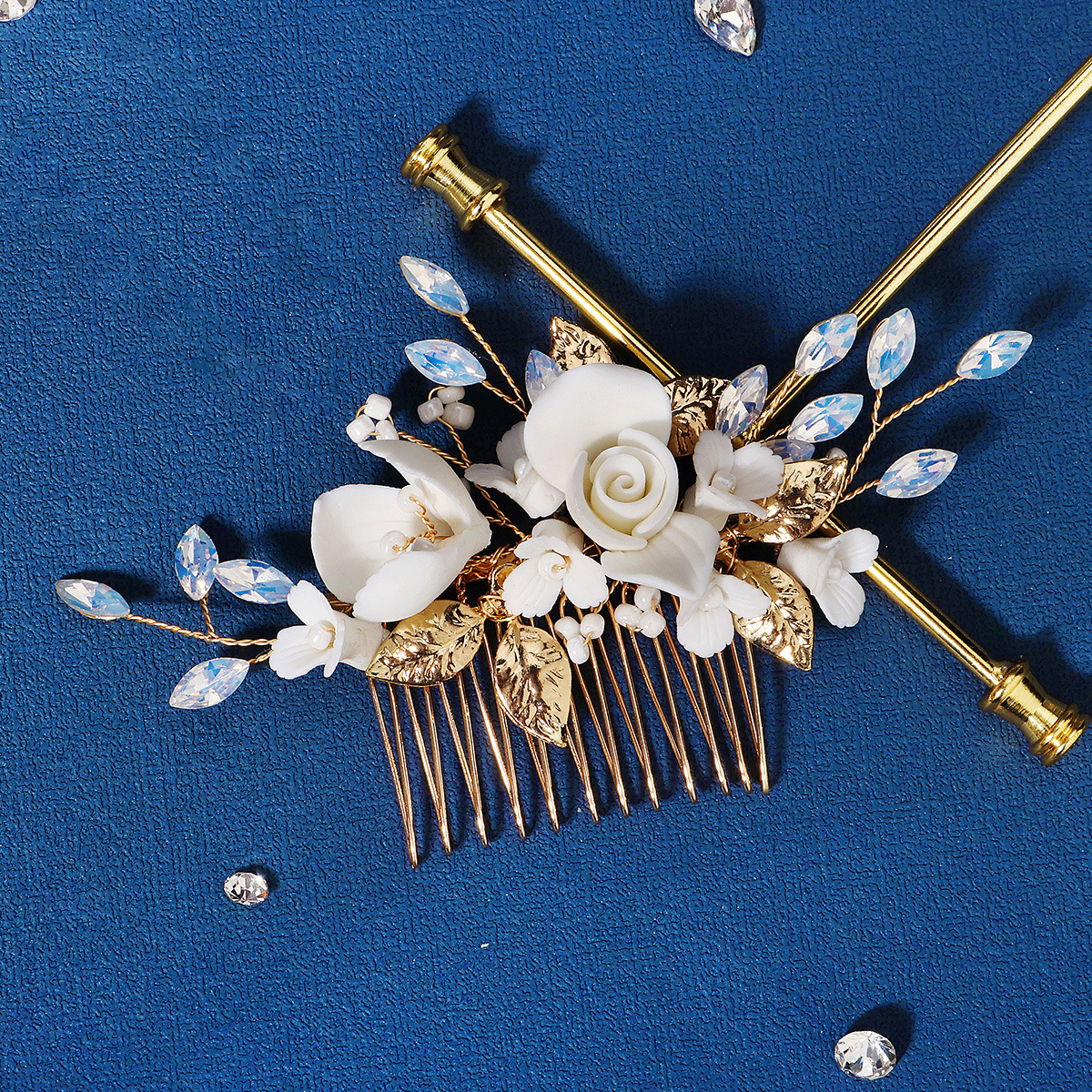 Gold and White Forest Style Bridal Hair Comb