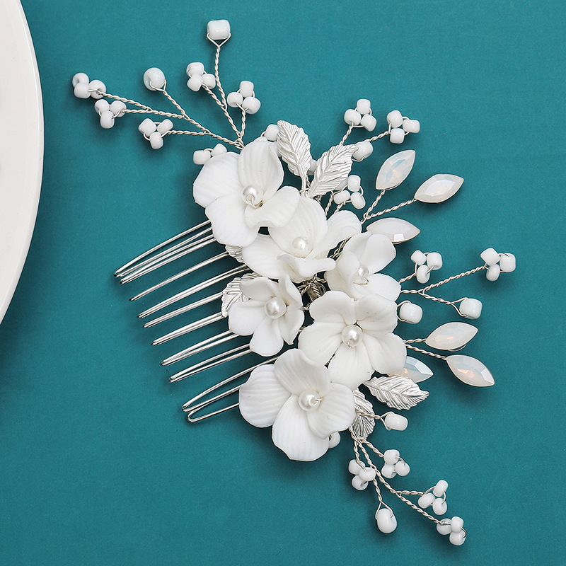 Ivory Porcelain Flower and Pearl Bridal Hair Comb