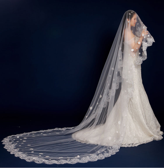 'Love Under the Moon' Trailing Lace Flower Extra Long Veil