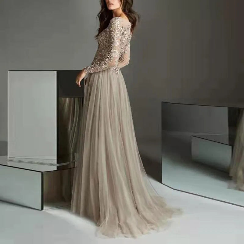 Dark Gray Lace Embroidered Long Sleeved Prom Dress