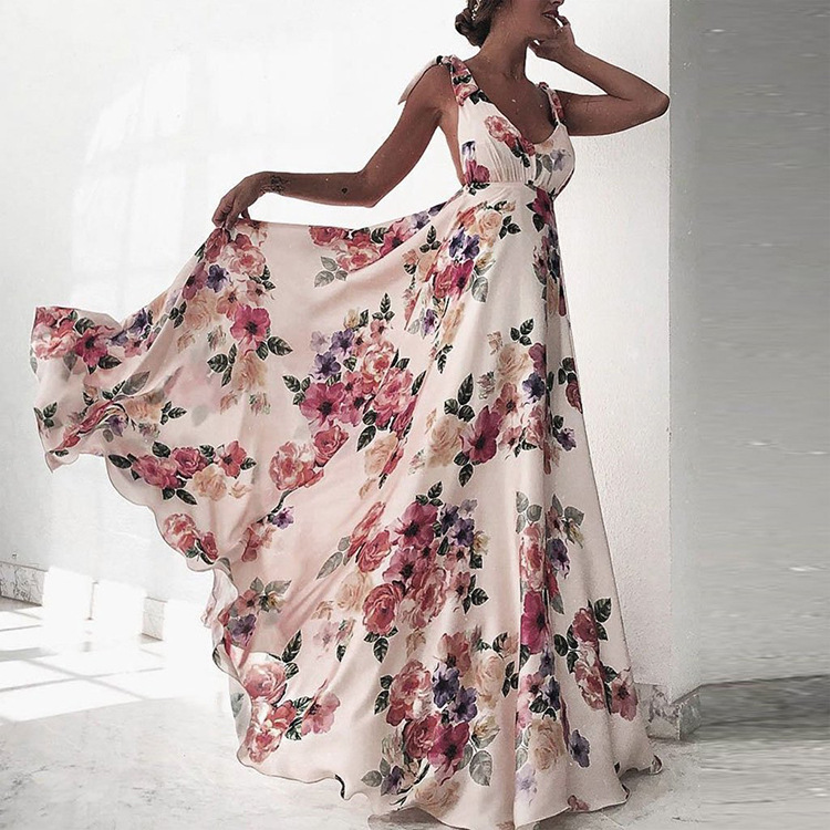 White V Neck Open Back Chiffon Boho Floral Maxi Dress