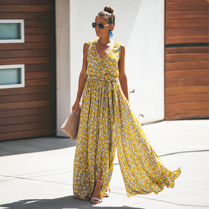 V-Neck Sleeveless Split Floral Maxi Dress