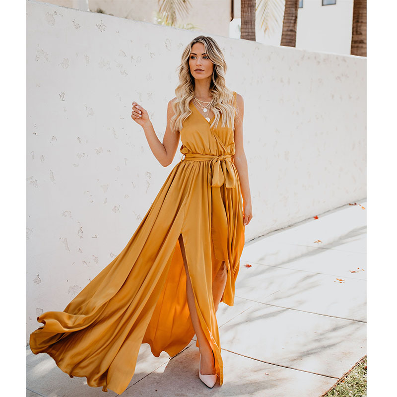 V-Neck Sleeveless Knotted Slit Prom Wrap Maxi Dress