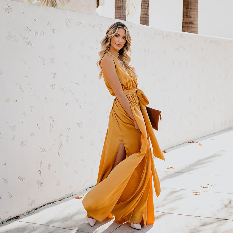 V-Neck Sleeveless Knotted Slit Prom Wrap Maxi Dress