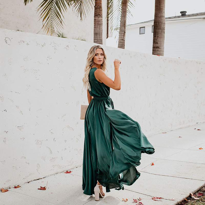 V-Neck Sleeveless Knotted Slit Prom Wrap Maxi Dress