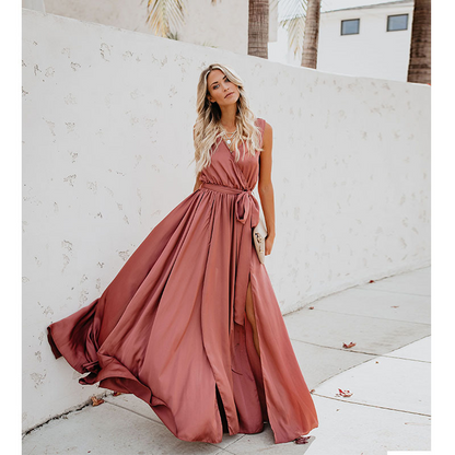 V-Neck Sleeveless Knotted Slit Prom Wrap Maxi Dress